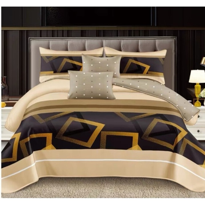 Lenjerie de pat dublu, 6 piese, 2 persoane, 180x200 cm, imprimeu romburi negre, multicolor