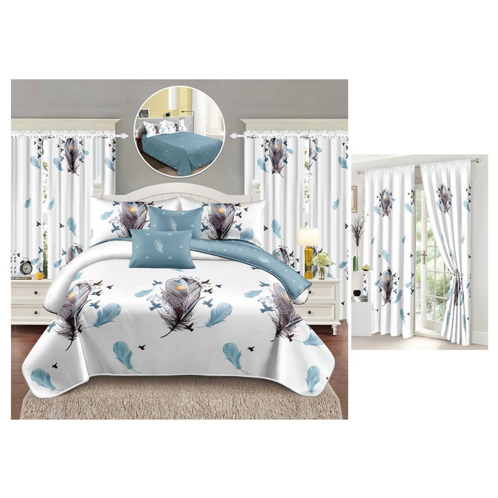 Set Lenjerie de pat dublu CHIRASO, cu Draperie asortata, 8 piese, Cearceaf de pat 230x240cm, Husa pilota 200x230cm, 2 fete de perna 70x70cm, 2 fete de perna 55x75cm si 2 buc. Draperie 150x230cm, cu imprimeu pene, alb-albastru prafuit