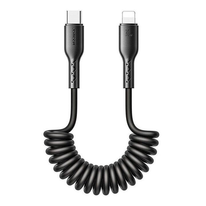 Lightning / USB-C töltőkábel, adatkábel, 30W, 1, 5m, rugós, Joyroom - Fekete