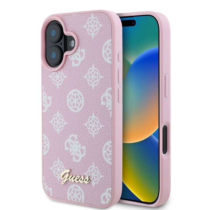 Премиум калъф за iPhone 16, съвместим с MagSafe Guess Luxury Series - неоново розов