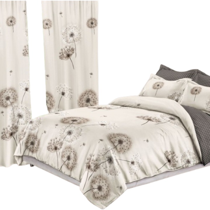 Set Dormitor Elegant, Lenjerie si Draperii, 8 piese, Finet, Imprimeu Papadie, Gri