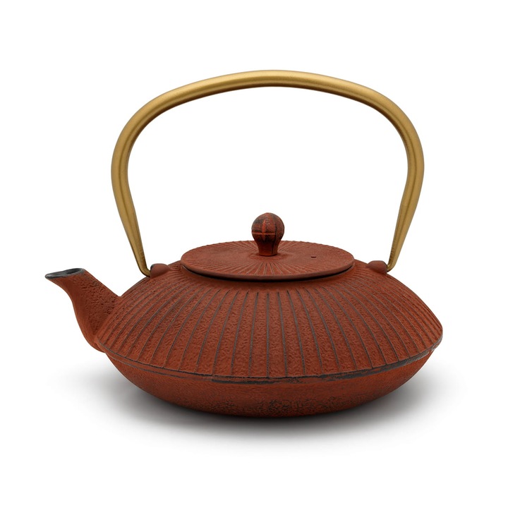 Ceainic din fonta rosu 1.1L, cu sita din otel inoxidabil, maner auriu