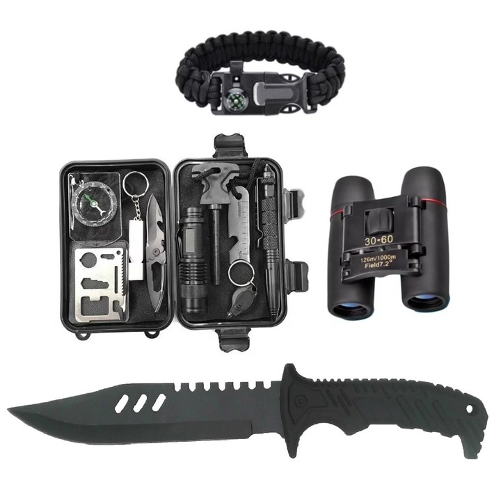 Kit supravietuire tactic TKA- 15 in 1, unelte multifunctionale, ideal pentru excursii, drumetii, camping, pescuit, outdoor, vanatoare, calatorii, negru