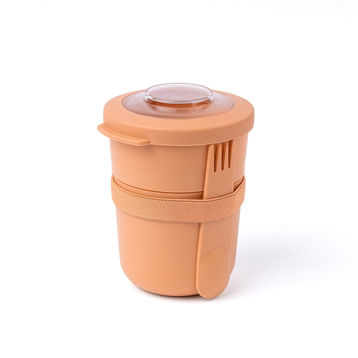 Cutie alimentara 2 in 1 Amuse, polipropilena, portocaliu, 450ml si 150ml, cu lingura-furculita