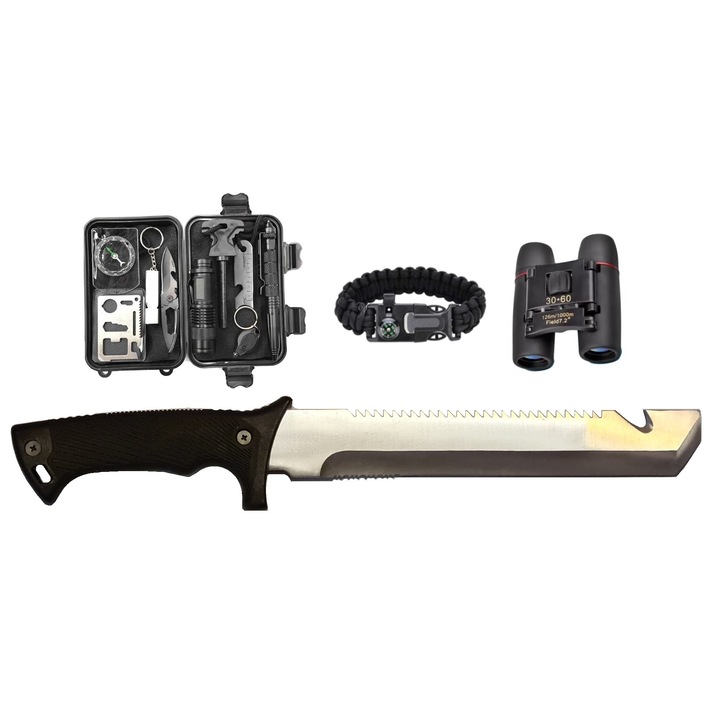 Kit supravietuire tactic TNK- 15 in 1, unelte multifunctionale, ideal pentru excursii, drumetii, camping, pescuit, outdoor, vanatoare, calatorii, negru