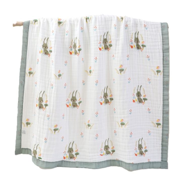 REDQUIT® baba szőnyeg/törülköző, muszlin 6 rétegű, 110x110 cm, pamut, 0-4 éves, nyulakkal mintás, szürke