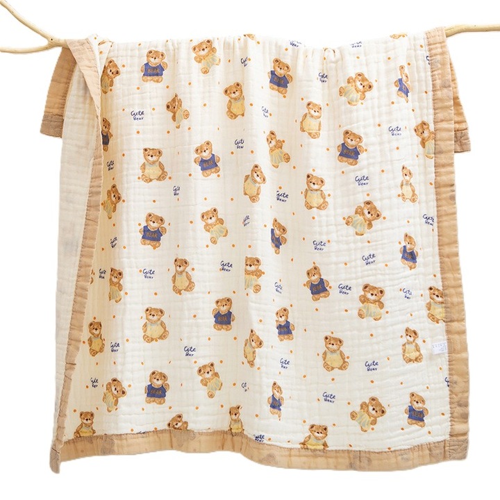 REDQUIT® babatakaró/törülköző, 6 rétegű muszlin, 110x110 cm, pamut, 0-4 éves korig, mackómintás, barna