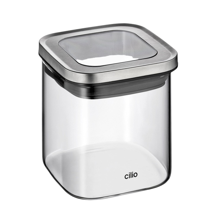 Recipient pentru alimente, Cilio, Sticla borosilicata / Otel inoxidabil, 10 x 10 x 10 cm, 0.65 l, Transparent