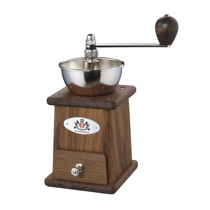 Rasnita de cafea, Zassenhaus, lemn de nuc, 11.5x10.5x23.5cm, 70g