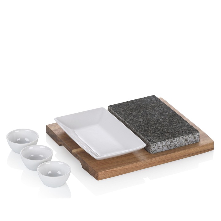 Set de servire Kela, granit/ceramica, 29x23x4.5cm, 3 boluri, placuta ceramica