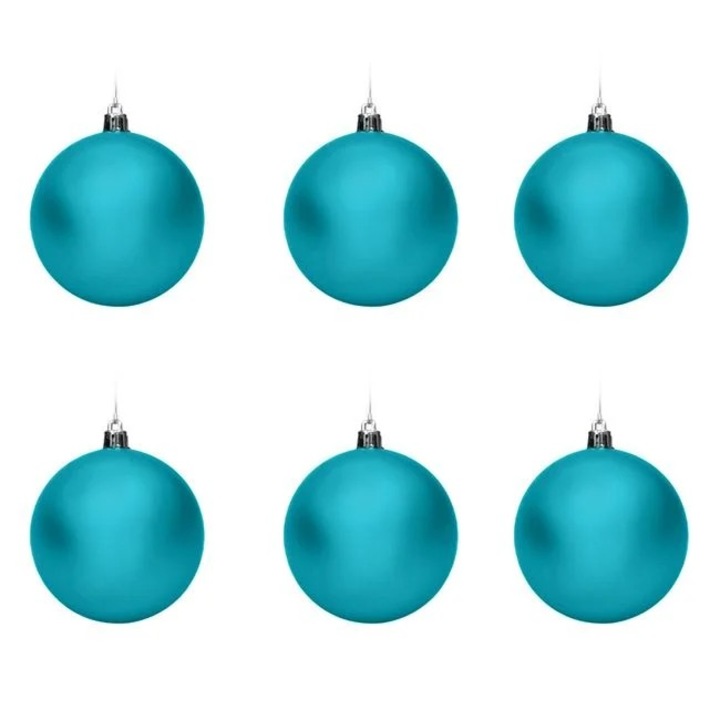 Set 6 Globuri Craciun Antbro® turcoaz mate si lucioase cu dungi albe cu glitter irizat, 6cm