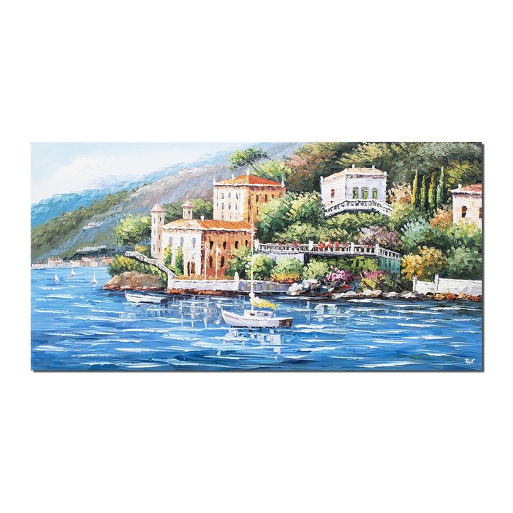 Tablou pictat manual living, dormitor, Peisaj lacul Como, 120x60cm ulei pe panza in cutit efect 3D, gata de expus pe perete