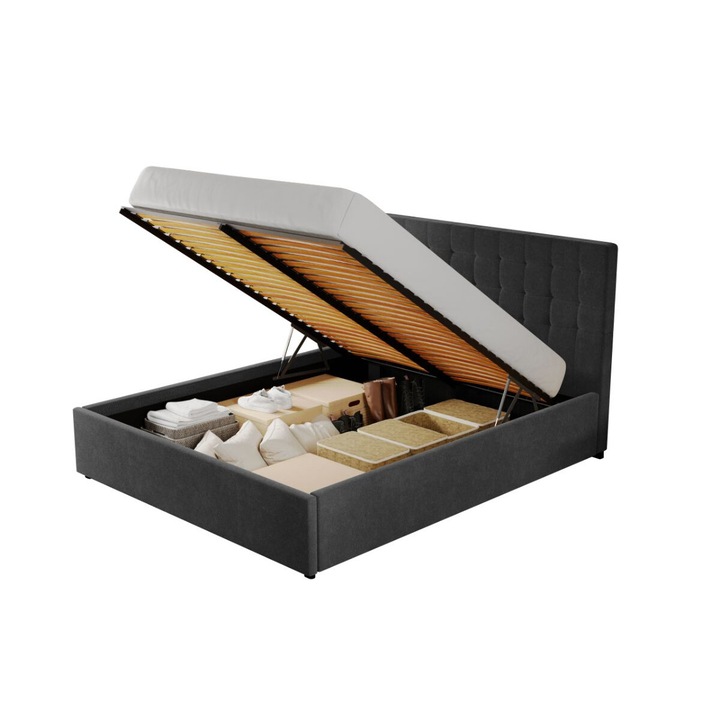 Pat dublu tapitat Monaco, cadru lemn si pal, 140x200 cm, gri antracit, cu somiera rabatabila si lada depozitare