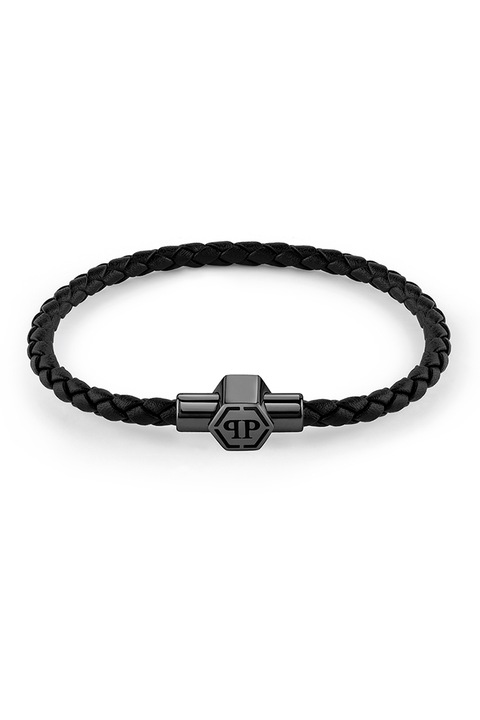 Philipp Plein, Bratara din piele cu model impletit si inchidere magnetica, Auriu, Gunmetal, 17 CM