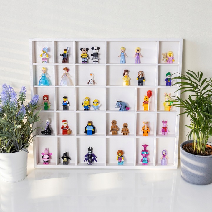 Fali tárolás Hirdetőtábla, Creative Deco, fehér fa polcos, vitrines állvány elválasztókkal, 28 rekeszes, 44, 5 x 40 x 3 cm, kirakat ékszerdoboz és dekoráció