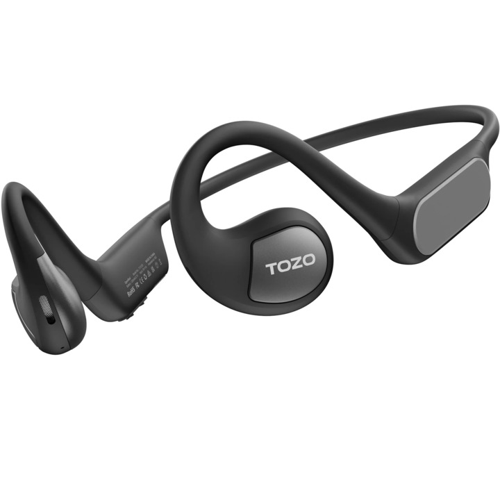Vezeték nélküli fejhallgató TOZO® OpenReal Air Conduction Technology, Stereo Sound, Noise Cancelling, Bluetooth 5.3, Open-Ear Design, Touch Control, Black Storm