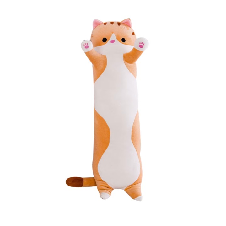 Екстра дълга играчка котка, тип възглавница, може да се пере, хипоалергенен пълнеж, за деца и възрастни, дължина 70 см, цвят червено-бежов