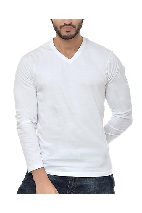 Bluză pentru bărbați B&C 25025, mânecă lungă, decolteu în V, bumbac, Alb