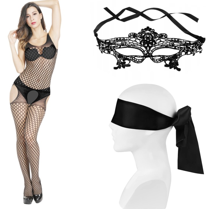 Комплект Еротичен Секси Костюм от Еластична Мрежа GABOS, Полиамид, Универсален Размер, Дантелена Маска и Сатенена Лента, Черен