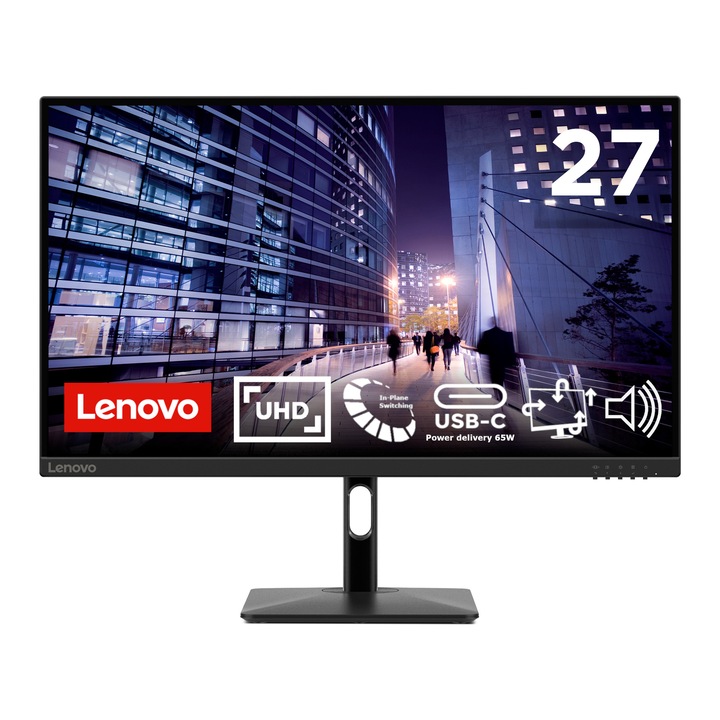 Монитор 27'' Lenovo N27p, WLED, IPS, 3840 x 2160 4K, 1 x DisplayPort 1.4, 1 x Audio Out, 2 x USB 3.2 Downstream, 2 x HDMI 2.1, 1 x USB 3.2 Type-C с DisplayPort (захранващ)