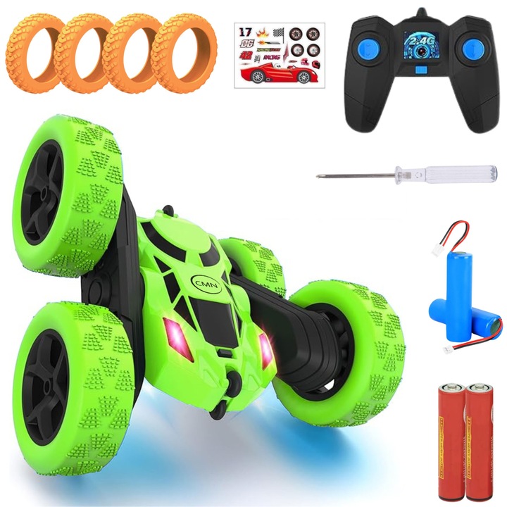 CMN távirányítós kaszkadőr autó, RC off-road, dupla 360°-os forgatással, fényszórók, zöld, extra tartalék akkumulátor, 4 narancssárga tartalék gumi, csavarhúzó, matricák, 2x távirányító elem