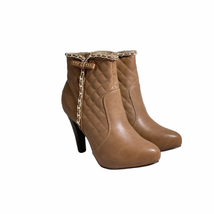 Botine din piele, de dama, lant auriu si fundita, Yupy, Maro camel