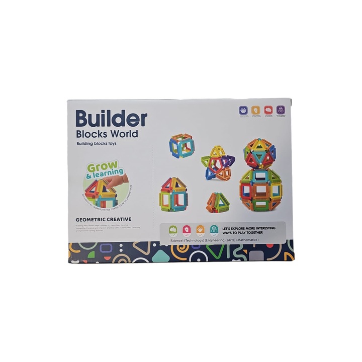 Builder Blocks World, Figuri geometrice jocul de constructie din material solid pentru copii peste 3 ani, Multicolor