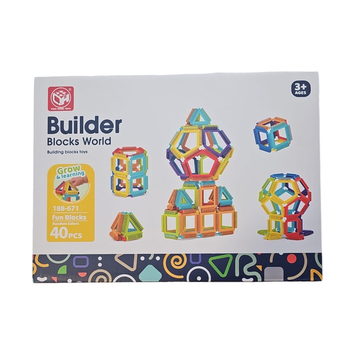 Builder Blocks World, Figuri geometrice jocul de constructie din material solid pentru copii peste 3 ani, Multicolor