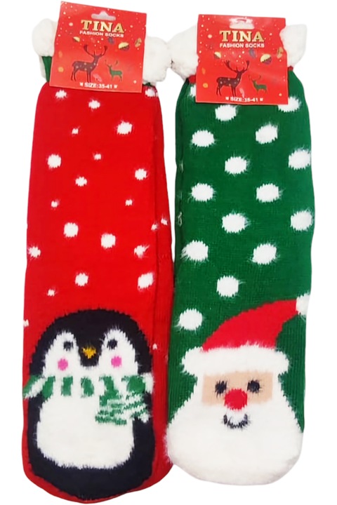 Sosete dama lungi, cu interior pufos, model Craciun, StarFashion, set 2 perechi, talpa antiderapanta, verde, OneSize, 36-39