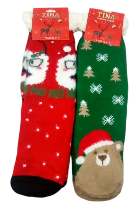 Sosete dama lungi, cu interior pufos, model Craciun, StarFashion, set 2 perechi, talpa antiderapanta, rosu inchis, OneSize, 36-39