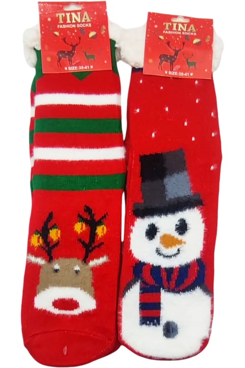 Sosete dama lungi, cu interior pufos, model Craciun, StarFashion, set 2 perechi, talpa antiderapanta, rosu, OneSize, 36-39