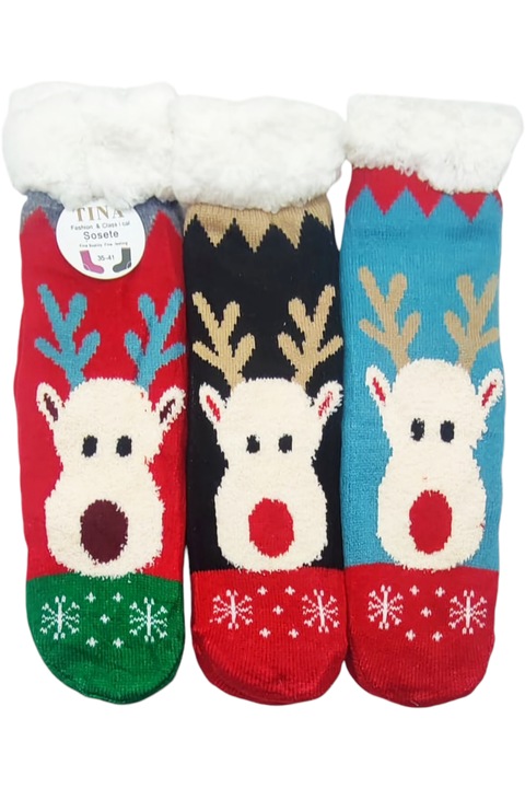 Sosete dama lungi, cu interior pufos, model Craciun, StarFashion, set 3 perechi, talpa antiderapanta, multicolor, OneSize, 36-39