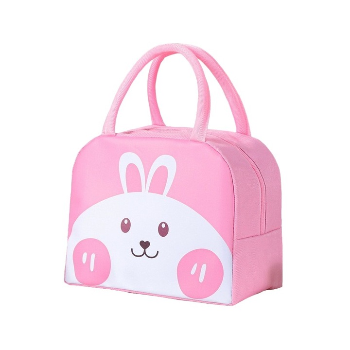 Хладилна чанта, с анимационни герои, преносима за деца, за обяд, от плат Оксфорд, 22x14x19 см, Модел Зайче, Розова