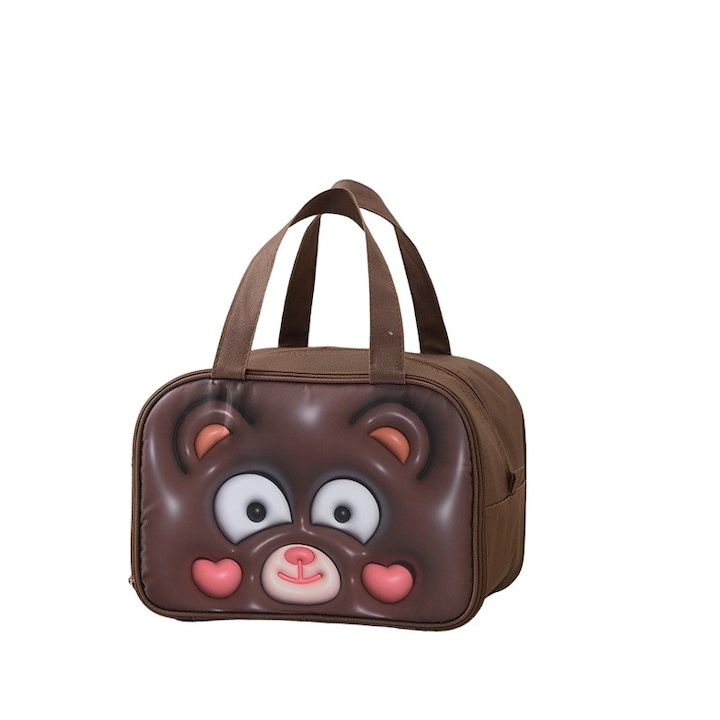 3D Cartoon Flippy Cooler Bag Преносима за деца платнена чанта Oxford за обяд 27,5x18x20cm шарка на плюшено мече кафяво