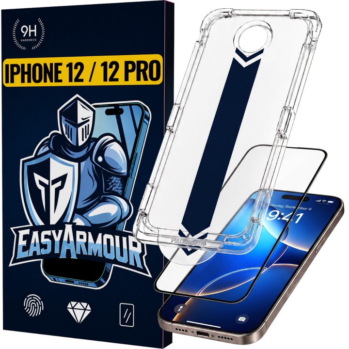 Set 2 Bucati – Folie Sticla pentru iPhone 12 / 12 Pro cu Aplicator, Aplicare Usoara in 5 Secunde, Duritate 9H, Full Cover 3D, Tratament Oleofobic Anti-Amprenta, Instalare Fara Bule, Margini Negre, Protectie Premium Rezistenta la Socuri, EasyArmour