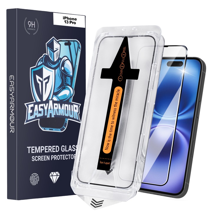 Комплект от 2 протектора за iPhone 13 Pro, система за лесно нанасяне с автоматично отстраняване на прах и мехурчета, автоматично позициониране върху дисплея, 9H+ защитено стъкло и HD яснота, EasyArmour