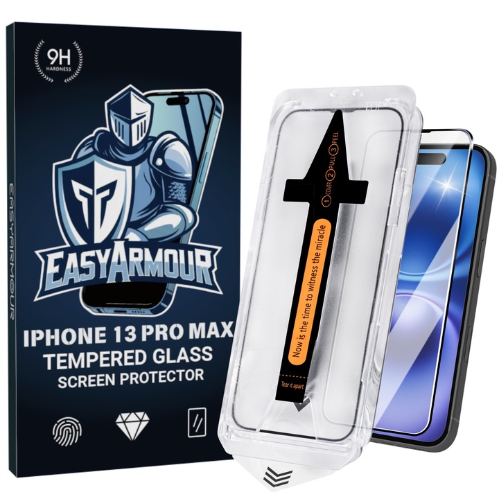 Протектор EasyArmour за iPhone 13 Pro Max, с автоматична система за нанасяне и отстраняване на прах, защитено стъкло, твърдост 9H