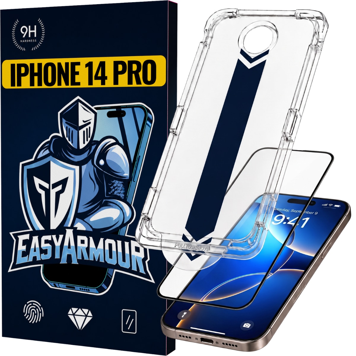 Set 2 Bucati – Folie Sticla pentru iPhone 14 Pro cu Aplicator, Aplicare Usoara in 5 Secunde, Duritate 9H, Full Cover 3D, Tratament Oleofobic Anti-Amprenta, Instalare Fara Bule, Margini Negre, Protectie Premium Rezistenta la Socuri, EasyArmour
