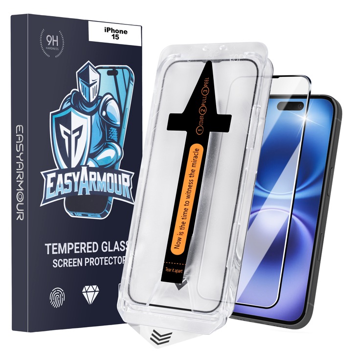 Комплект от 2 стъклени протектора EasyArmour за iPhone 15 - Система за лесно нанасяне с автоматично отстраняване на прах и мехурчета, автоматично позициониране на дисплея, защитно фолио, 9H+ защитено стъкло и HD яснота