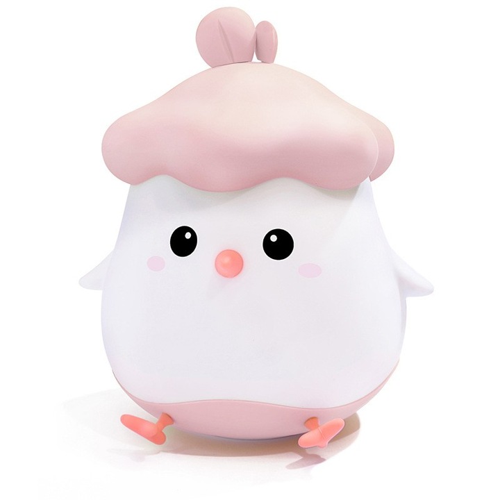 Нощна лампа за деца, Cyrax, силикон, сензор за докосване, шарка с пиле, топла светлина, защита на очите, USB зареждане, вградена батерия с капацитет 800mAh, 11 x 10 x 12.4 см, розова