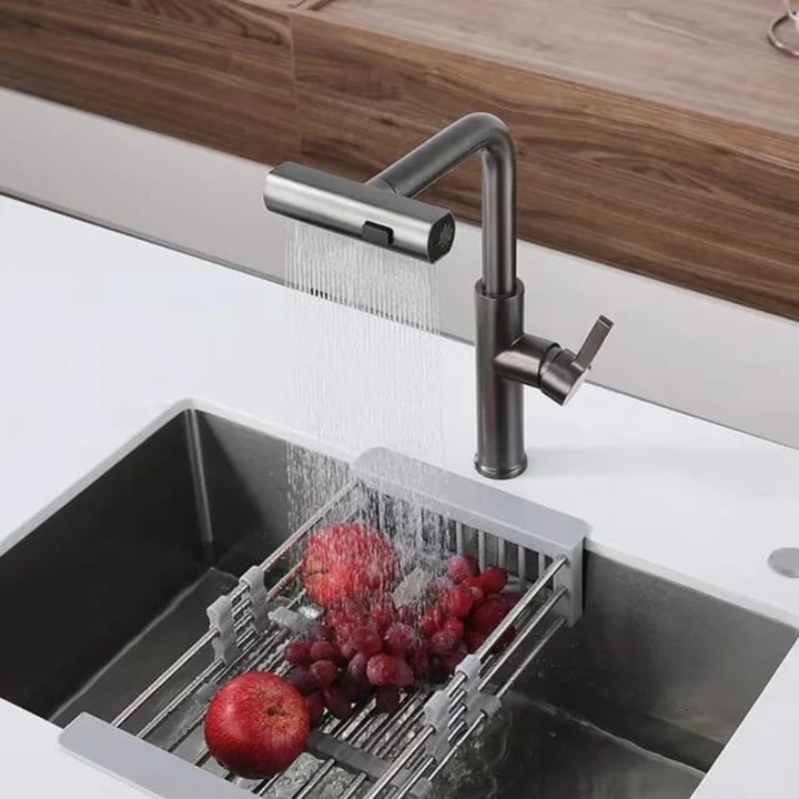 Смесител за кухня, дизайн на лебед, с подвижен чучур и изтеглящ се двуфункционален аератор, сиво покритие, FY-20GR