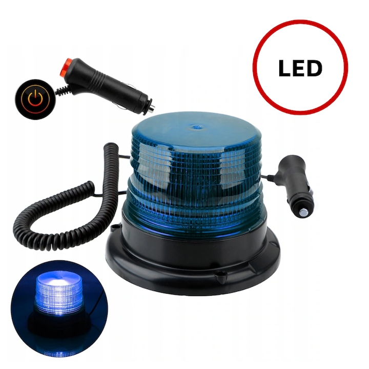 Girofar LED Flash Magnetic de Avertizare cu Buton, 12V-80V, Albastru