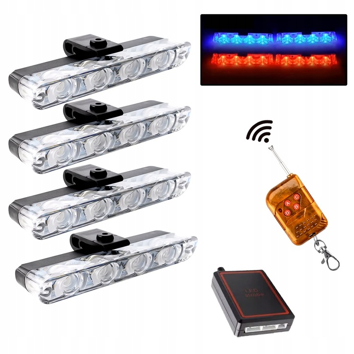 4 db LED figyelmeztető lámpa szett távirányítóval, 4xSMD lökhárítóhoz, piros-kék