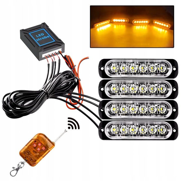 Set 4x Girafoare LED Flash de Avertizare cu Telecomanda, Stroboscop, Programe, Galben