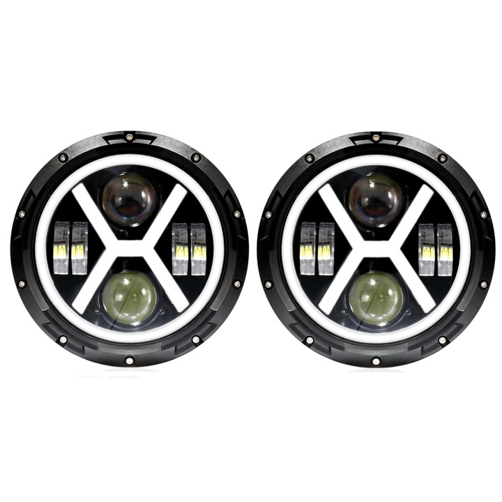 Set de 2 bucati far universal cu LED de 7" inch 18 cm, 12V-24V, faza scurta/lunga cu lumini de zi DRL, semnalizare alb-galben, 8000 lm, potrivit pentru ATV, jeep, motocicleta, camion, tractor si altele