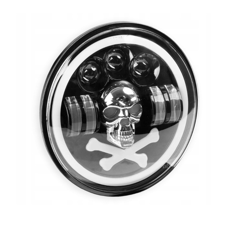 Far universal cu LED de 7" inch 18 cm "SKULL" 12V-24V, cu faza scurta/lunga, lumini de zi DRL, semnalizare alb-galben cu iluminare de fundal RGB in 6 culori diferite, potrivit pentru ATV, jeep, motocicleta, camion, tractor si altele