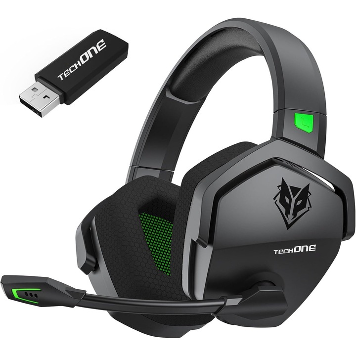 Techone SoundForge GX G06-BT vezeték nélküli gaming fejhallgató, egyirányú mikrofon, C típusú, PS4, PS5, Xbox, PC-vel kompatibilis, 2,4 GHz-es vezeték nélküli kapcsoló, Bluetooth, 3D hatás, hangszóró 50 mm, akkumulátor 2000 mAh 96 dB, fekete
