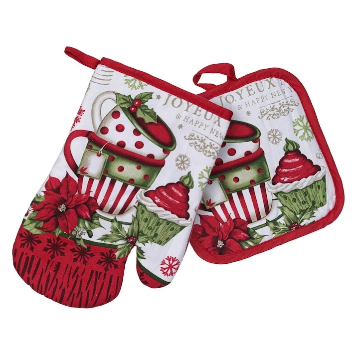 Konyhai Kesztyű és Törlő Szett Karácsonyi Csészék és Muffinok Mikulásvirág Díszítéssel 2 db