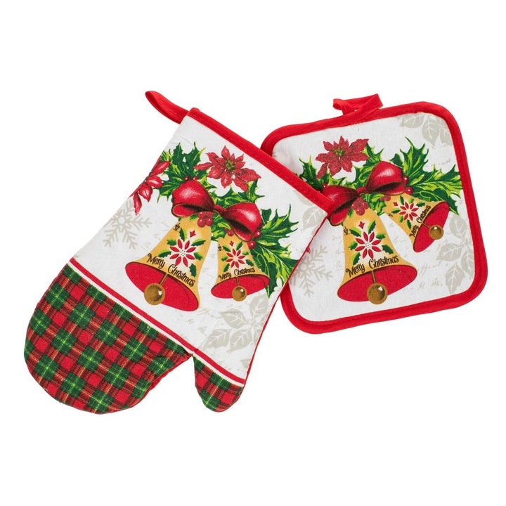 Manusa si Szervet Szett Karácsonyi Arany Harangok és Piros Szalag 2 db