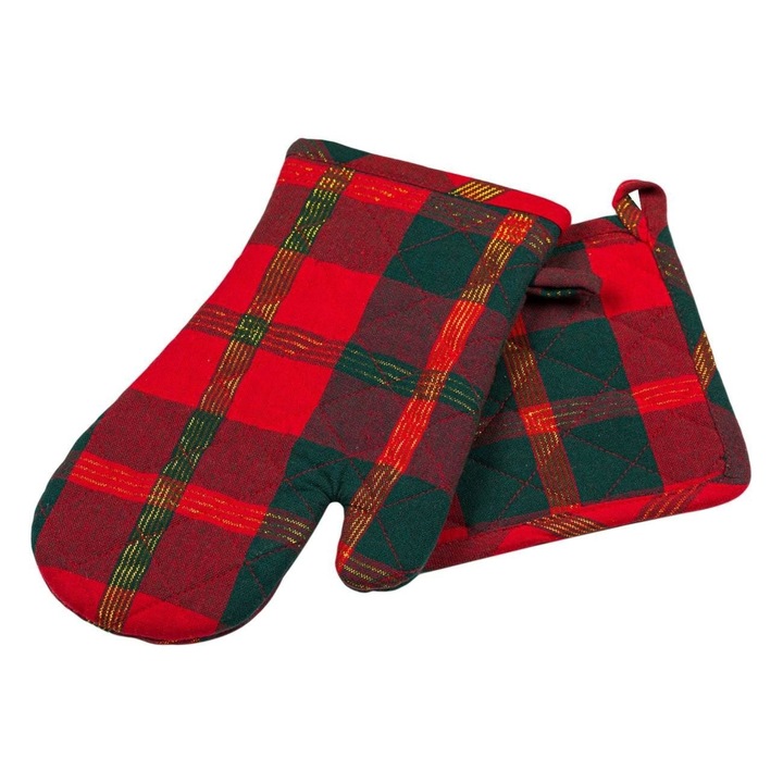 Karácsonyi konyhai kesztyű és szalvéta szett piros és zöld kockás 2 részes